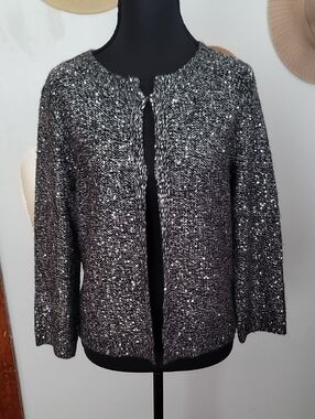 Covington Black & Silver Sequin Knit Open Sweater Cardigan